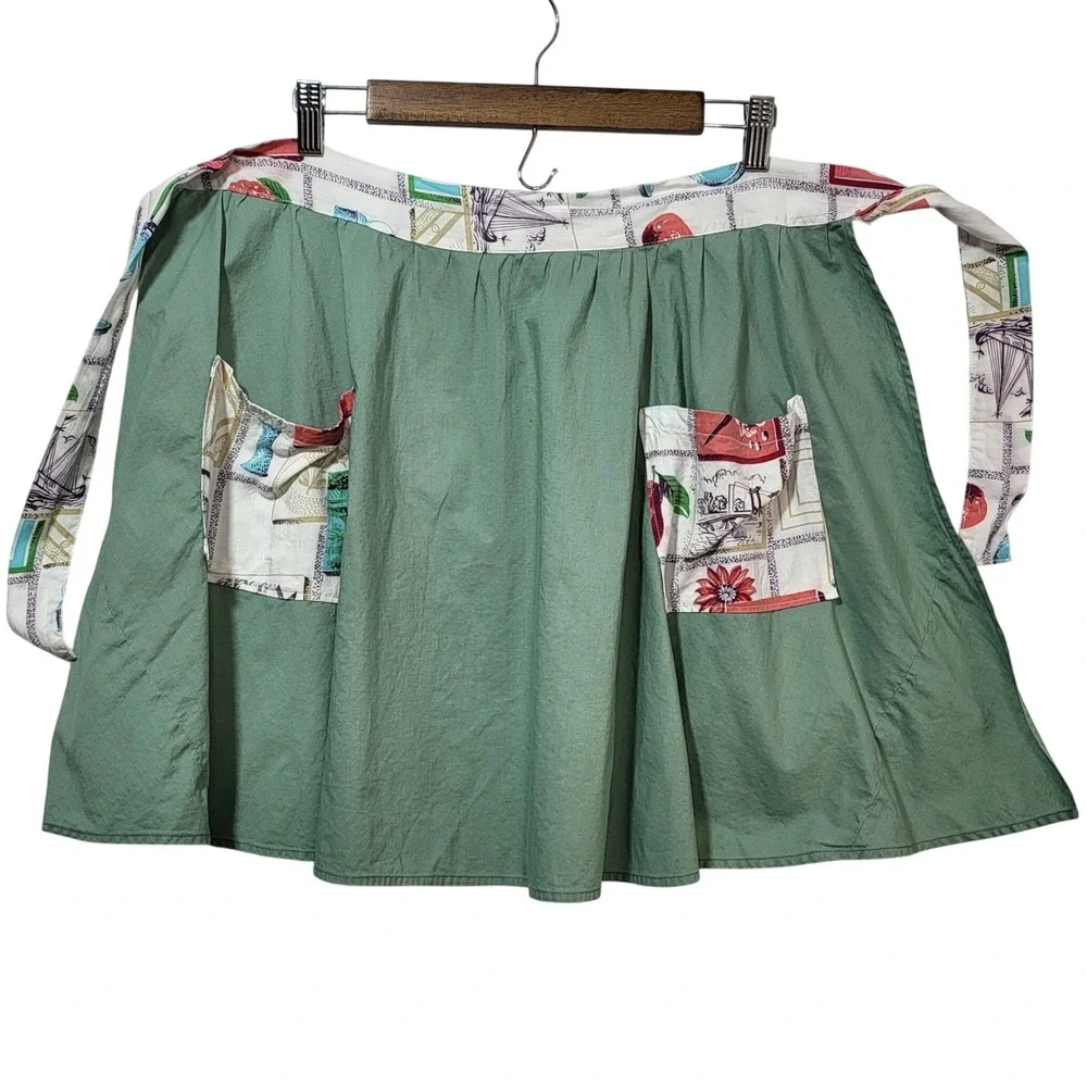 Vintage Sage Green Half Apron Novelty Print‎ Pockets Retro Mid-Century Modern